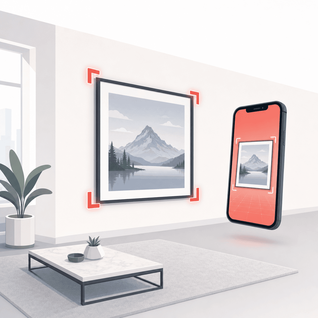 Augmented reality preview of a framed photo print on a living room wall
