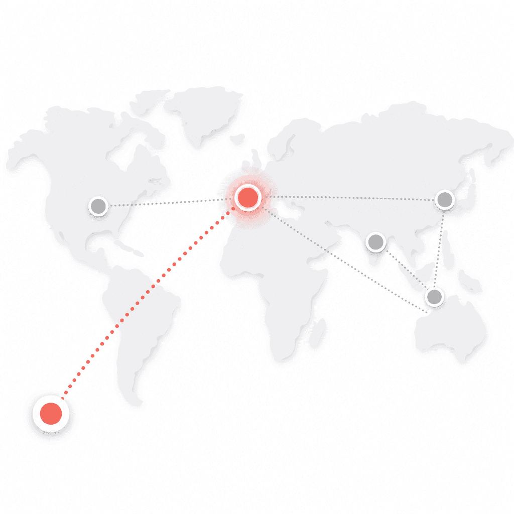 World map showing an order automatically routed to the nearest print facility